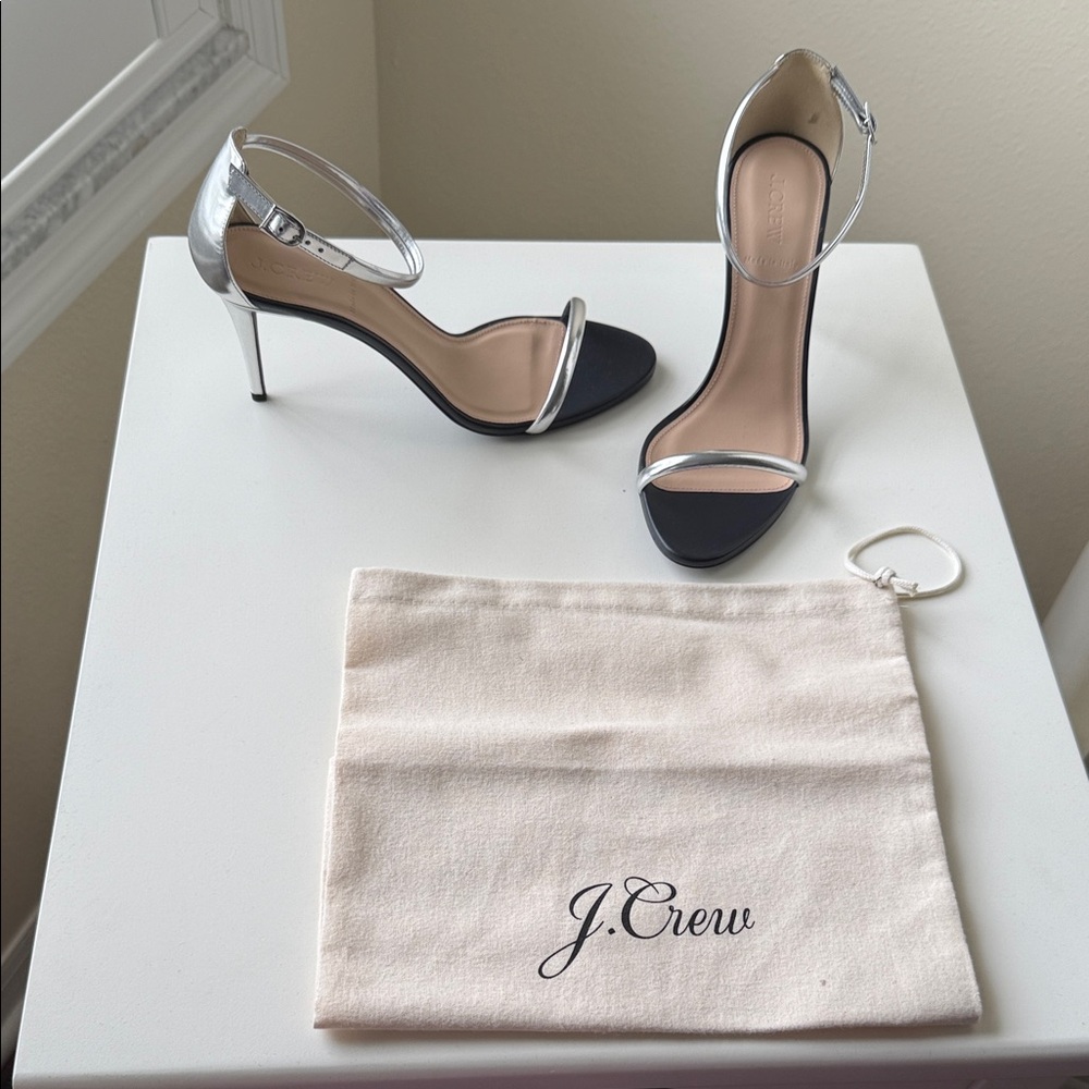 J. Crew Silver and Black Ankle-Strap Stiletto Heels